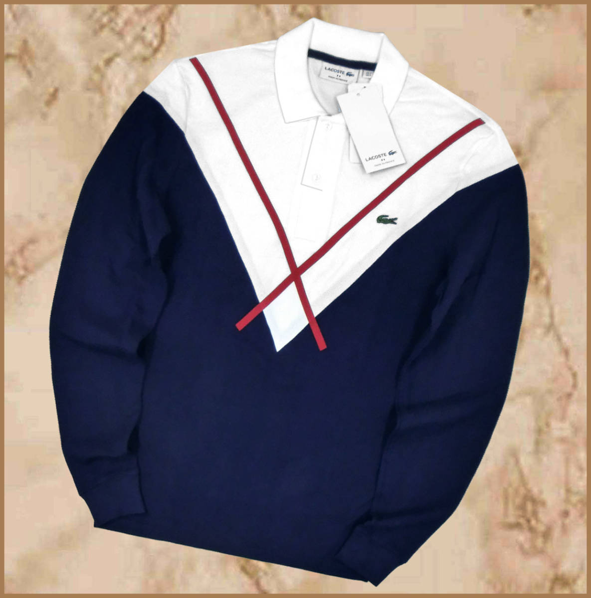 [正規品/新品]65%OFF■ラコステLACOSTE■フランスメイドビッグアーガイルロングスリーブポロシャツ仏製■ML/4紺ネイビー定価:22，000円