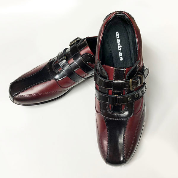 ◆日本製◆【 madras マドラス 】 軽量レザースニーカー 防臭・抗菌機能 24.5cm 3E ダブルベルト装飾 メンズ　スニーカー