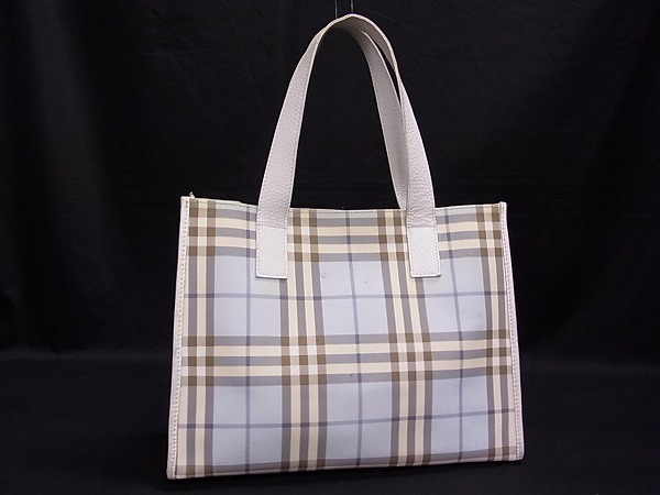 1円 Burberry バーバリー PVC×レザー ノバチェック ハンドバッグ トートバッグ 手提げかばん レディース ライトブルー系 N7494アU