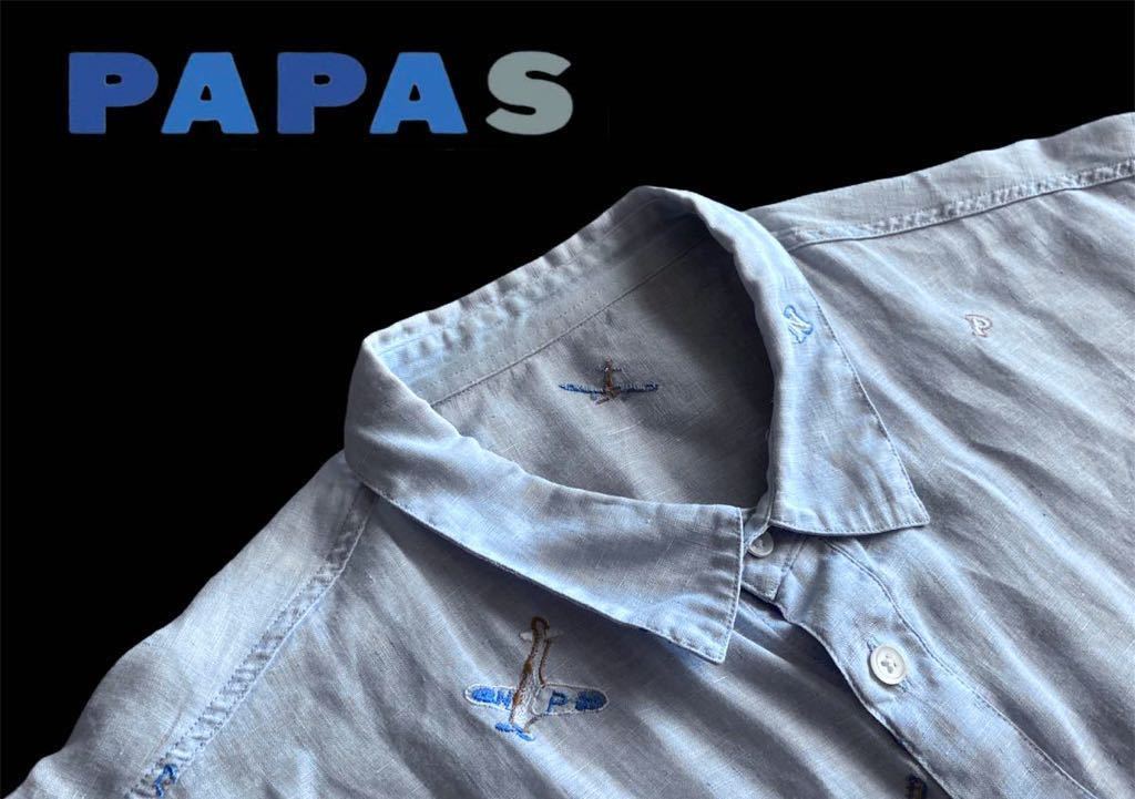 パパス【Papas】人気飛行機ロゴ刺繍！アロハシャツ 麻100% オーバー
