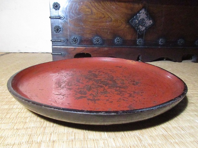 漆器 | 朱漆 丸盆 FG003 時代漆器 朱漆塗 如意頭透 骨董 盆 長
