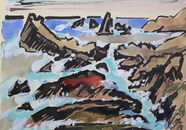 D21 妹尾正雄 室戸の海 水彩 真作保障 風景画 額装/ガラス入 独立美術 
