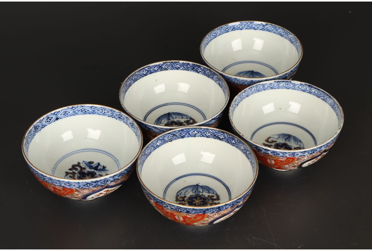 URA]富貴長春/伊万里染錦花鳥花唐草文蓋茶碗5客/4-g-272(検)骨董