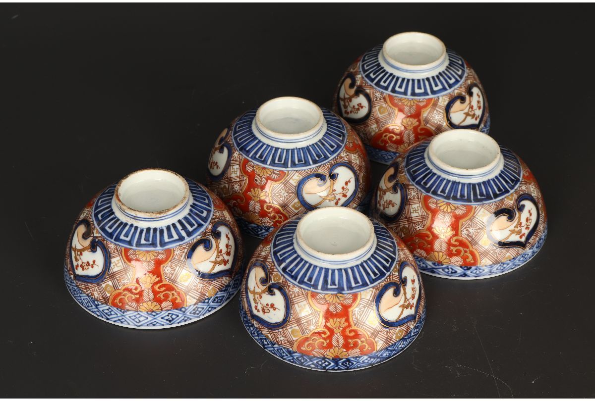 URA]富貴長春/伊万里染錦花鳥花唐草文蓋茶碗5客/4-g-272(検)骨董