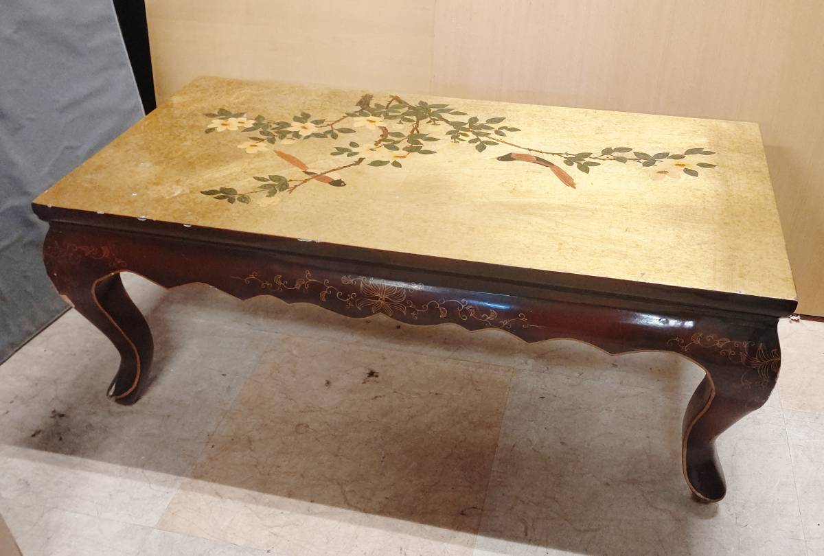 中国伝統工芸家具 金塗 花鳥図 座卓 ローテーブル 猫脚 100×50