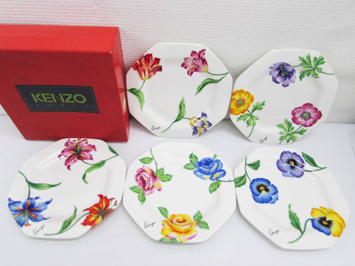 未使用 KENZO ケンゾー フローラリ ケーキ皿セット 5枚 8角形 洋食器
