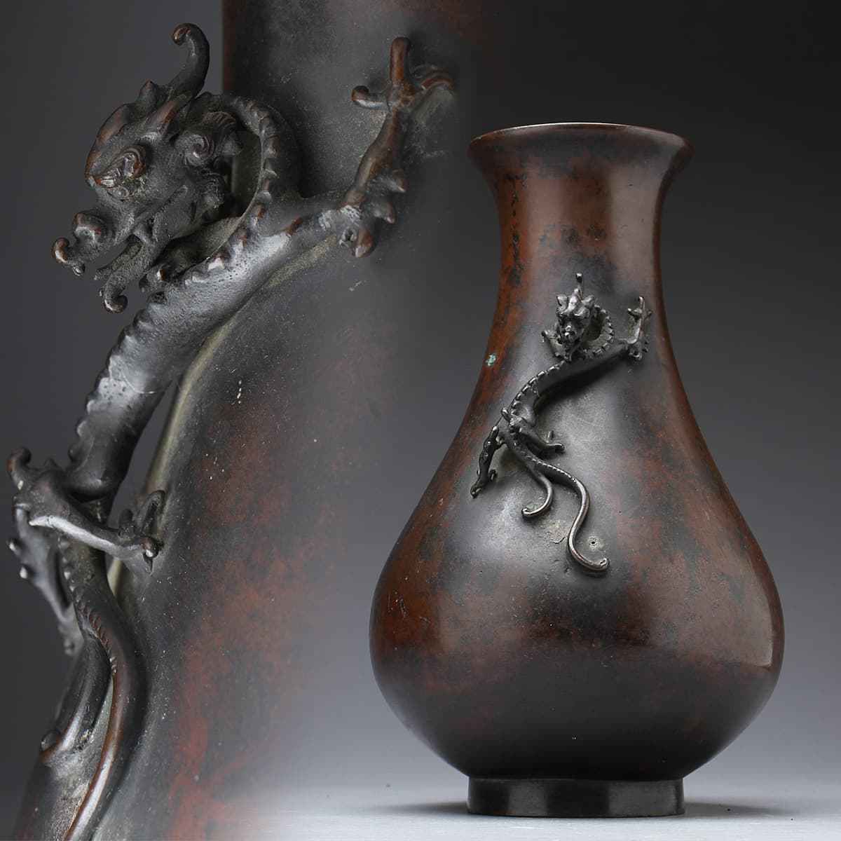 CX203 時代物 銅製 雨龍高盛上文 銅花瓶 高25.9cm 重1.6kg・銅浮雕蟠龍