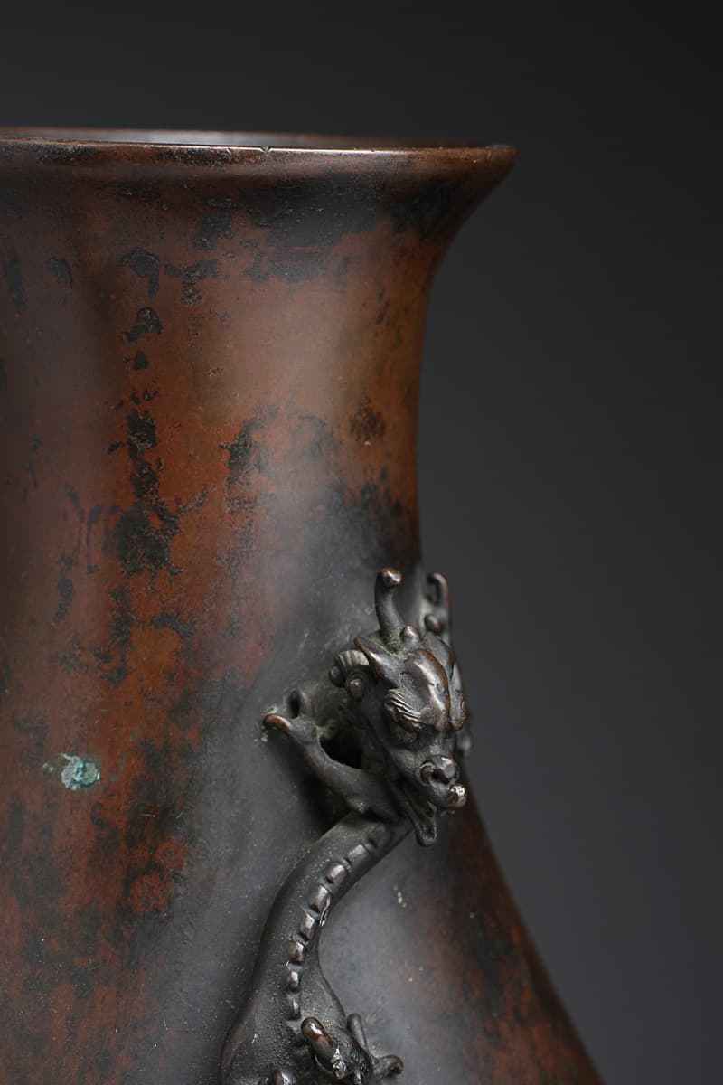 CX203 時代物 銅製 雨龍高盛上文 銅花瓶 高25.9cm 重1.6kg・銅浮雕蟠龍