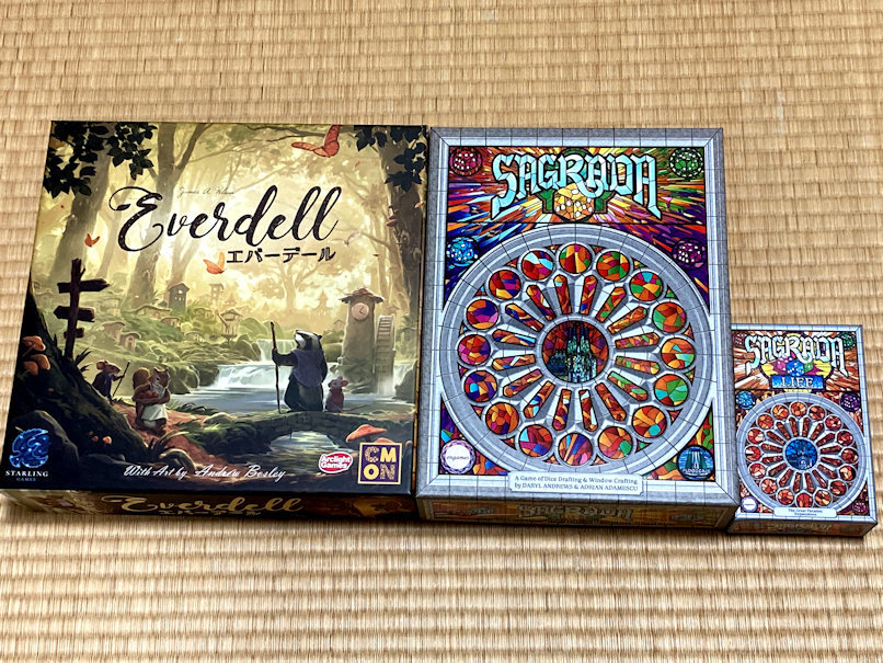 【中古・美品】ボードゲーム　エバーデール(Everdell)、サグラダ(SSAGRADA)と拡張 ライフ(LIFE)、全３品、日本語版