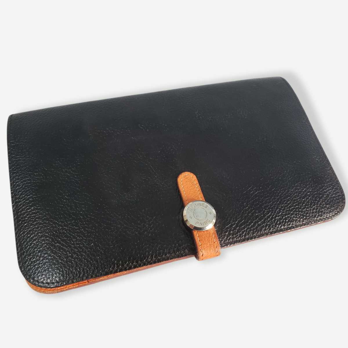 ☆正規品☆HERMES☆ドゴン☆長財布 小銭入れ付き 黒 オレンジ バイ 