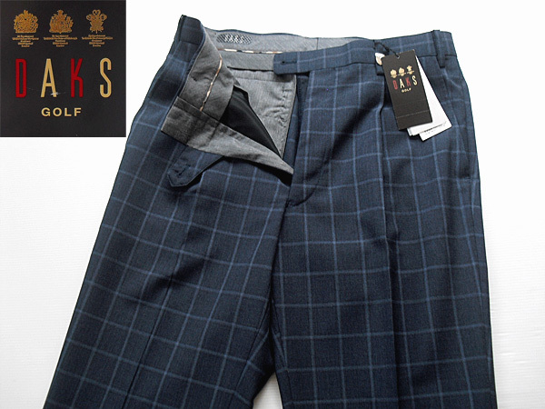 【新品】日本製 3.9万 DAKS GOLF ダックス ゴルフパンツ ワンタックスラックス 濃紺格子柄 ウエストムーブ 吸水速乾 ウエスト80センチ