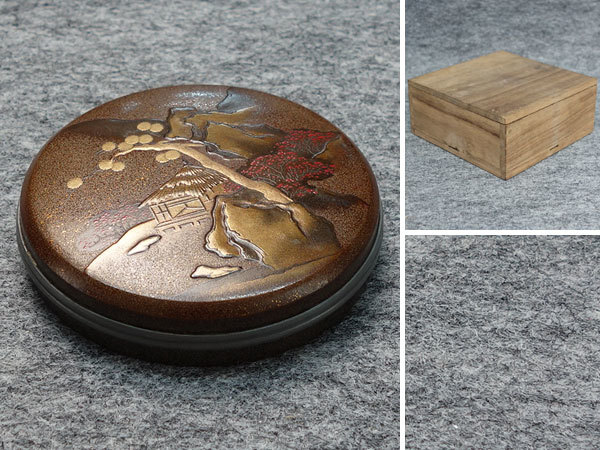 工芸品 錫縁香合 鳴子蒔絵 古美術 DT340 東山蒔絵錫縁香合｜