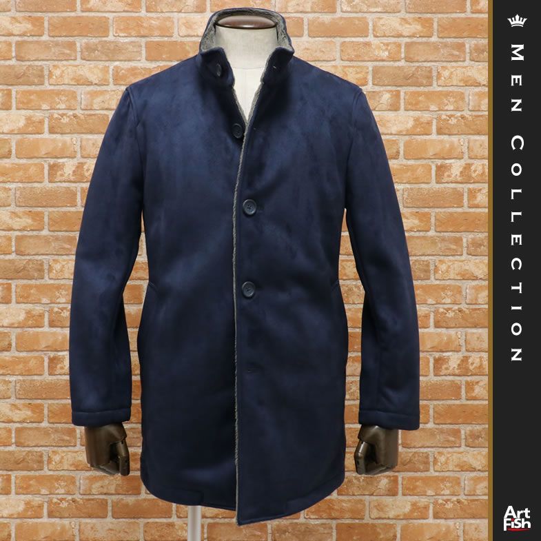 1円/秋冬/g-stage/48サイズ/フェイク ムートンコート 裏ボア スタンド 立襟 ラグジュアリー イタリア 新品/紺/ネイビー/na304/