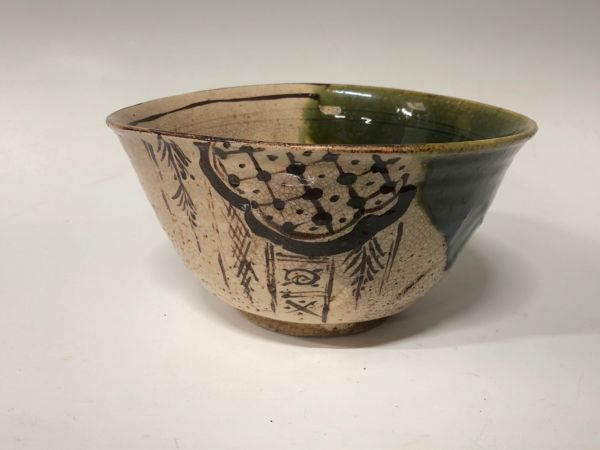 Mn430『N県茶道家所蔵品』江戸時代 青織部 干し柿文 菓子鉢 織部焼