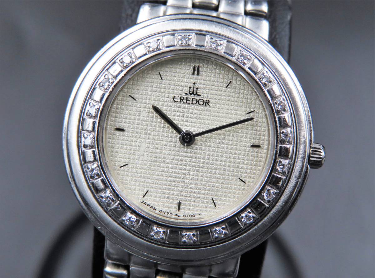 1円～! 稼動品★正規品 SEIKO セイコー 4N70-0040 クレドール 18KWGベゼル アイボリーダイヤル 純正ブレス レディース腕時計 BBSWA6870