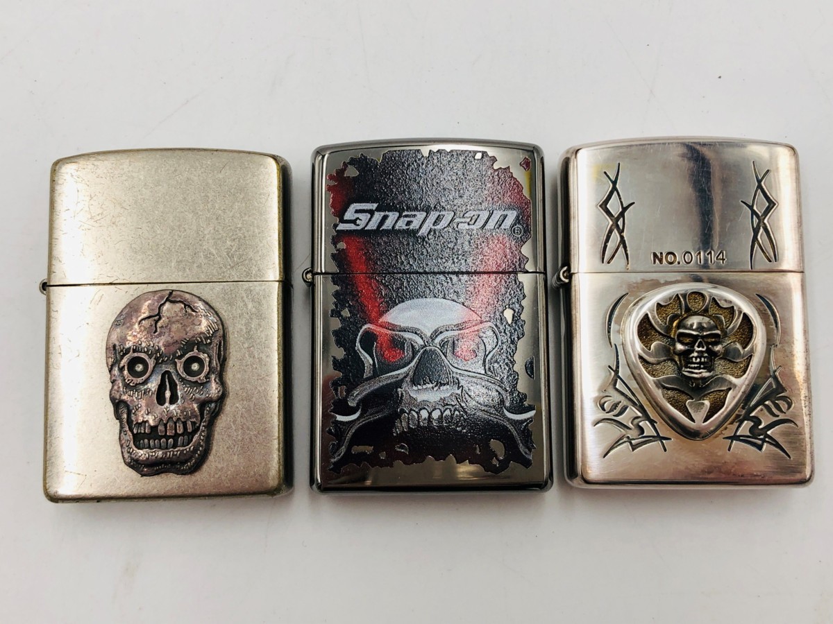 (04y1922)【1円スタート】ZIPPO(ジッポー) スカル　3個セット（SNAP-ON/シルバー）オイルライター 中古品 【新作入荷，定番人気】