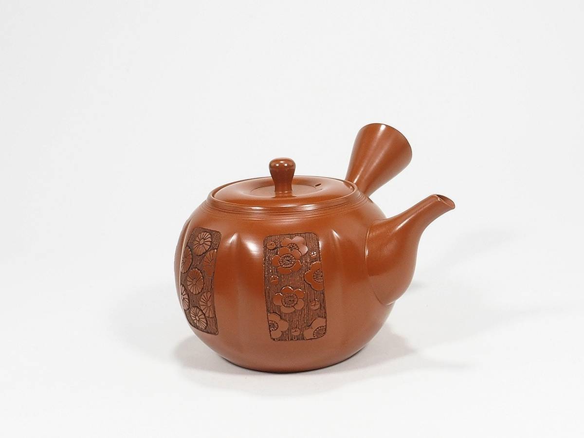 常滑焼 名工 梅原玉堂 梅菊紋 朱泥 急須 未使用品 共箱 /