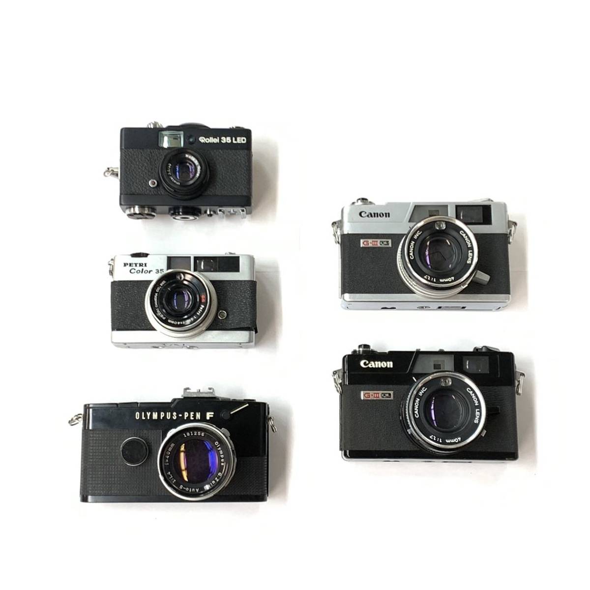 -「ジャンクカメラ - メルカリ 15台 5点まとめ売り X- ★人気のフィルムカメラ★ ジャンクまとめてセット 5点 Canon QL-17 G-Ⅲ / Petri Color 35 / Rollei 35 LED / Olympus PEN-F 40mm F1.4