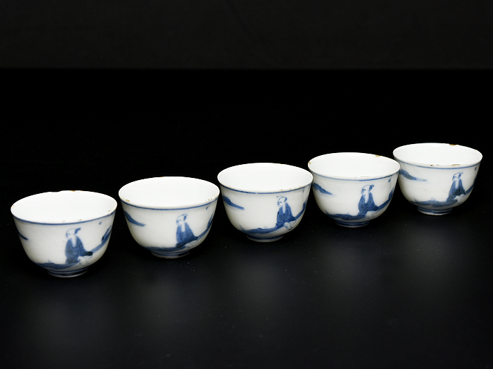 倣大明成化年製 款 青花 山水人物文 煎茶碗 五客 】 中國 唐物 煎茶
