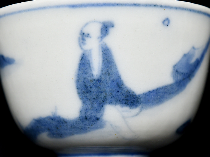 倣大明成化年製 款 青花 山水人物文 煎茶碗 五客 】 中國 唐物 煎茶