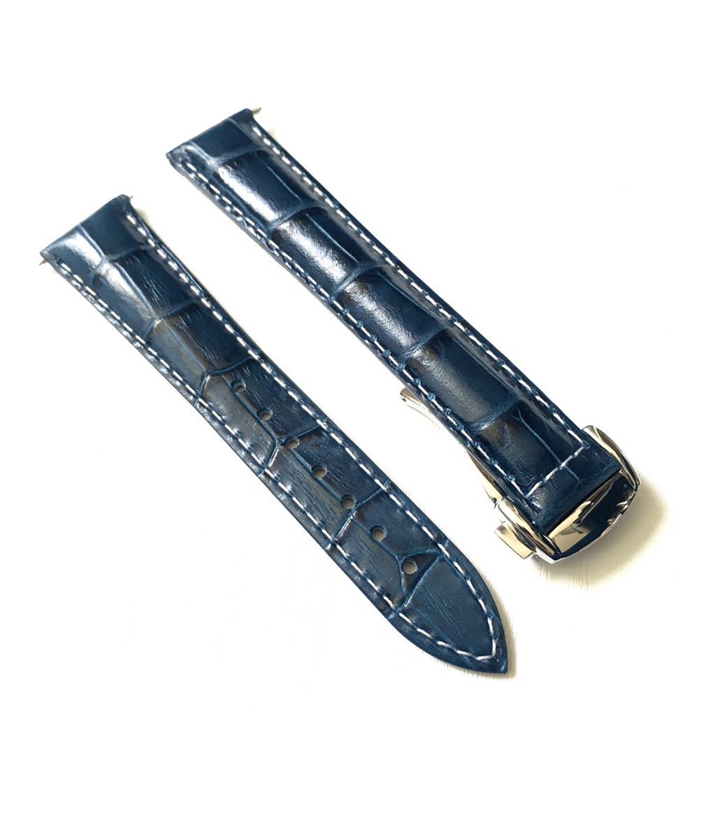腕時計 交換用 レザー 革ベルト 19mm ネイビーブルー×ホワイト クロコ型押し Dバックル 【対応】オメガ シーマスター コスミック デビル等