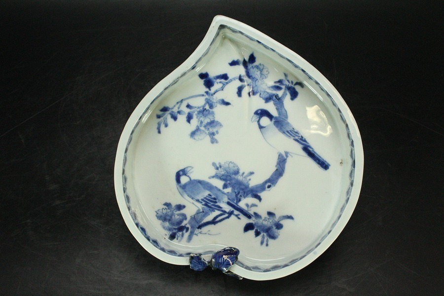 銀閣】中国美術 青花 花鳥紋 桃形 洗 旧家蔵出(ZD330) 中国美術 青花 瓶
