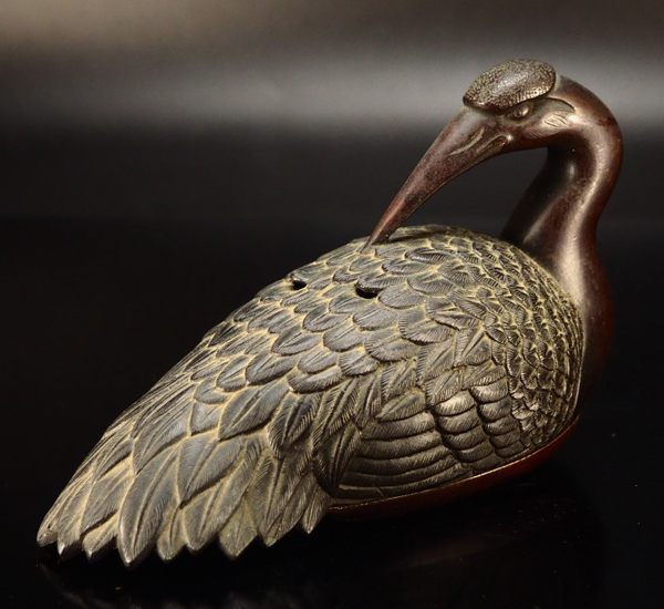 治】金工家作 唐銅製 鶴巣籠香炉☆幅15.6cm 置物 香道具 オブジェ