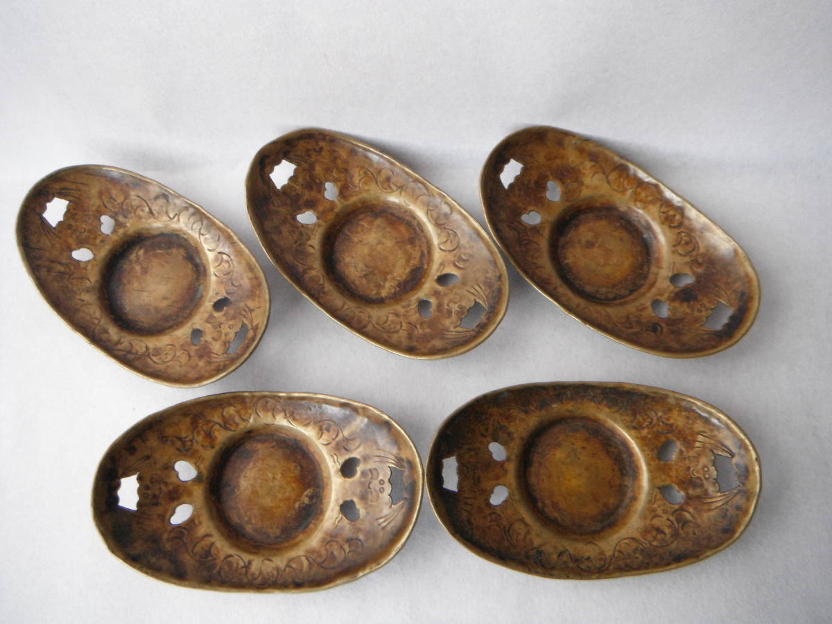 茶道具 中国美術 骨董 古錫茶托5枚☆壽透かし蝙蝠紋様☆煎茶