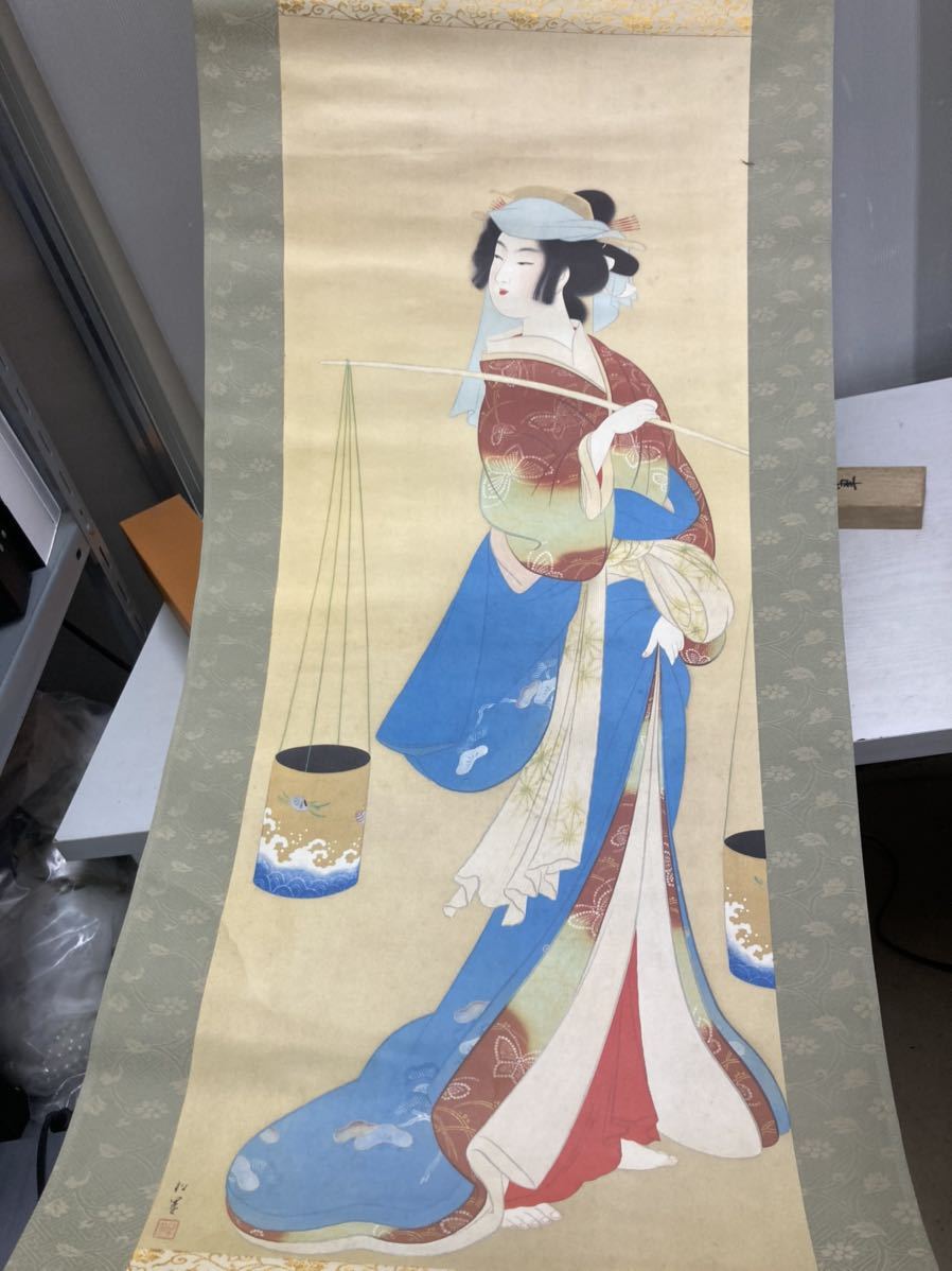 上村松園 掛軸 日本画 複製工芸画 汐くみ 美人図 紙本 メルカリ - MB434