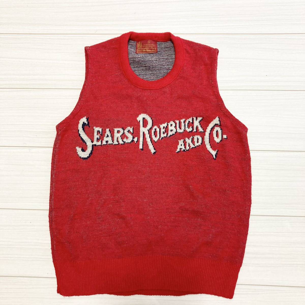 70s◇Sears シアーズ ローバック◇デカロゴ ニットベスト ジレ S 赤 