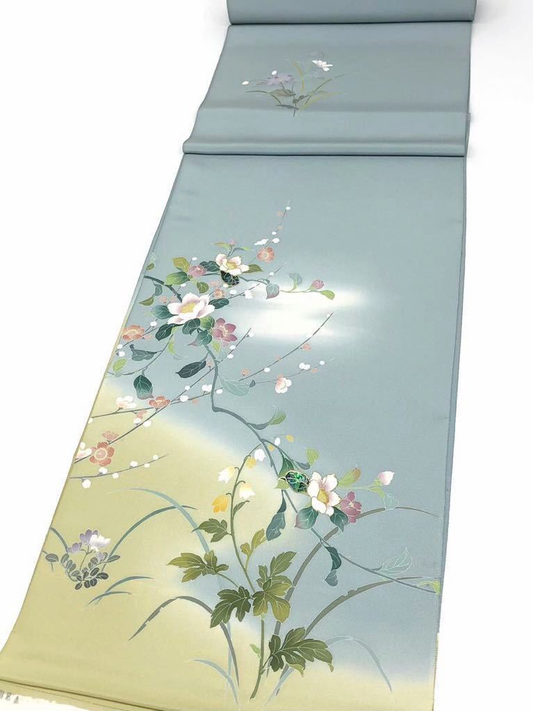 正絹 螺鈿細工 付け下げ 反物 金彩加工 型友禅 花文様 紋意匠 黒紅色
