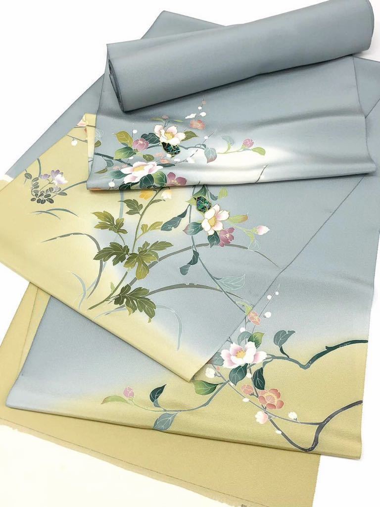 正絹 螺鈿細工 付け下げ 反物 金彩加工 型友禅 花文様 紋意匠 黒紅色