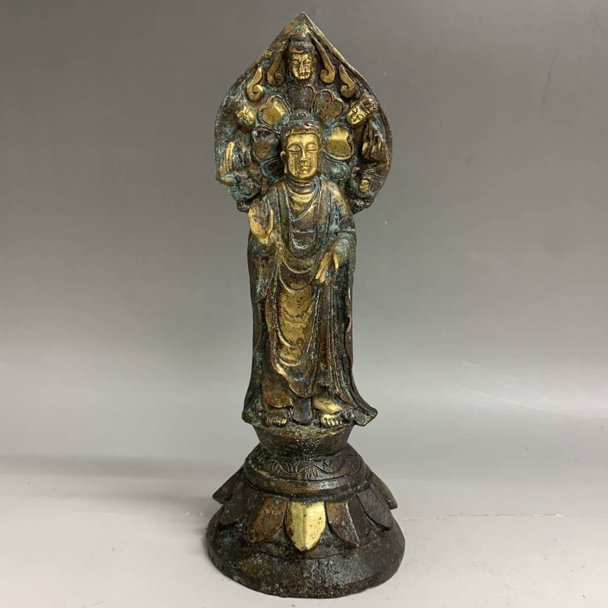 仏教美術　古銅鍍金　観音菩薩像　仏像　置物　重さ約2.8㎏　C　6584 唐物 中国 唐代 菩薩 仏像 観音菩薩立像 鍍金仏 金銅仏 仏教美術