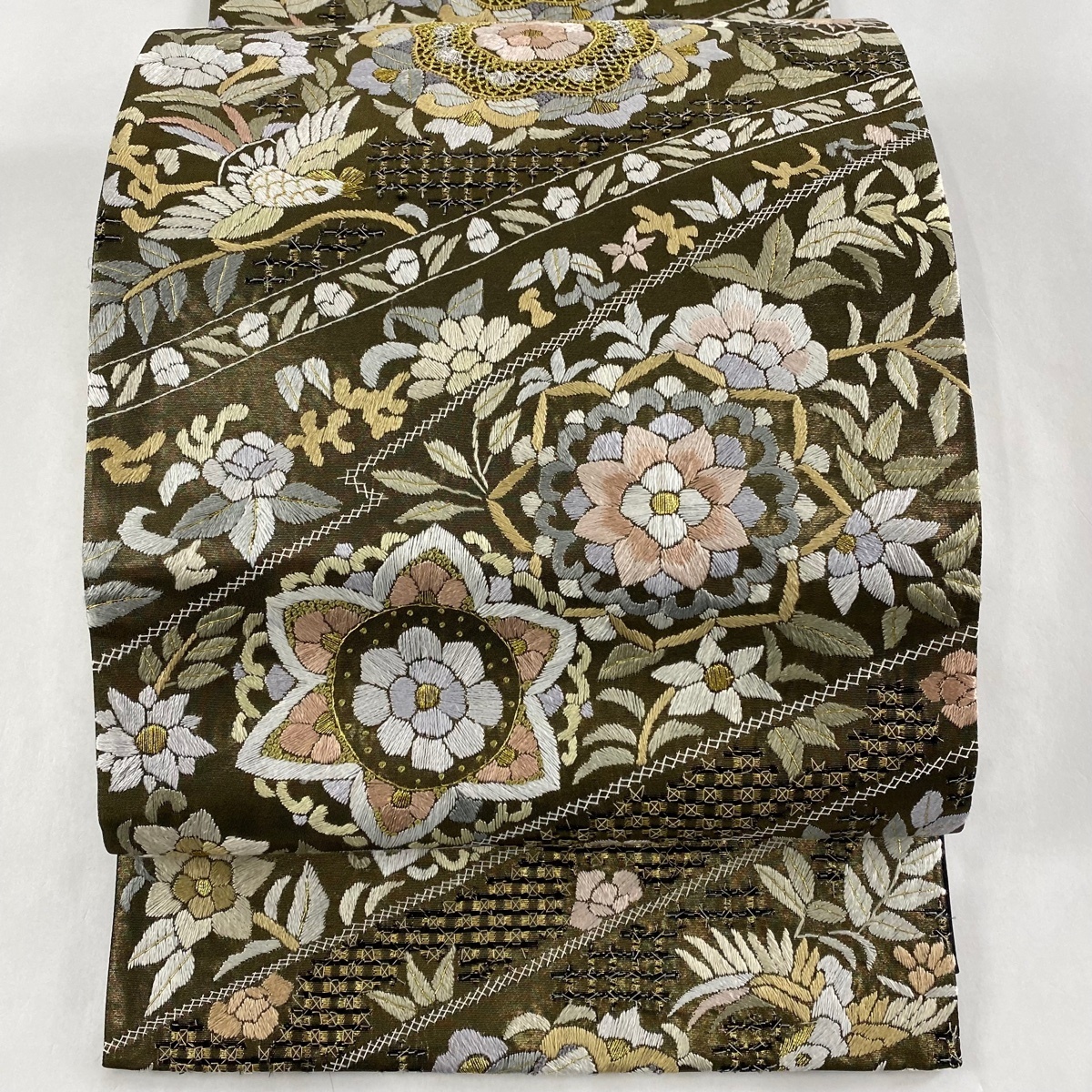  袋帯 逸品 華文 鳥 汕頭刺繍 金糸 茶緑色 六通 正絹(仕立て上がり)｜売買されたオークション情報、yahooの商品情報をアーカイブ公開 - オークファン 仕立て上がり