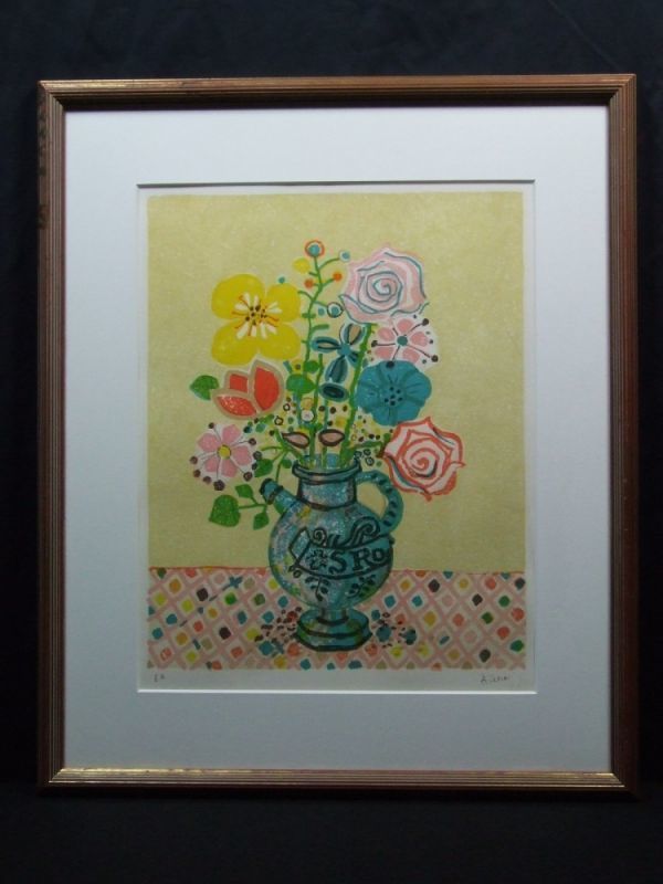 美品 ポール・アイズピリ「黄色い背景の花束」リトグラフ 直筆サイン入 人気作家 ポール・アイズピリ 直筆サイン『黄色い背景の花瓶の花束』リトグラフ