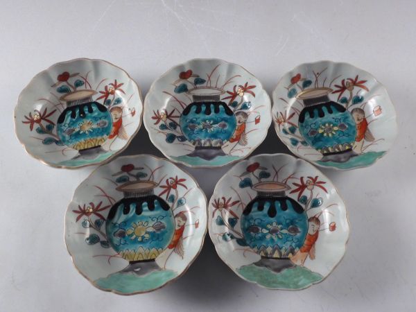 古伊万里 色絵 壷唐子文 輪花 皿 鉢 向付 10客 江戸期 古伊万里 色絵