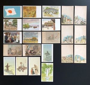 ◇戦前絵葉書22◇未使用軍事郵便37枚 中国戦地風景イラスト/支那