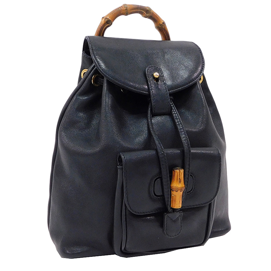 1円 □ 美品 グッチ バンブーリュック バンブーライン レザー ブラック 