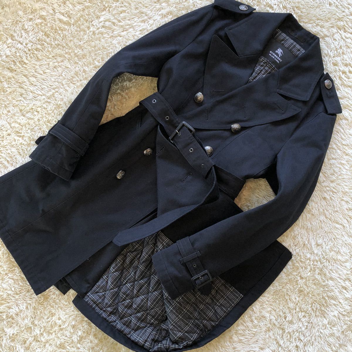 希少Lサイズ!バーバリーブラックレーベル BURBERRY BLACK LABEL トレンチコート ナポレオン 裏地キルティング 銀ボタン ブラック 黒