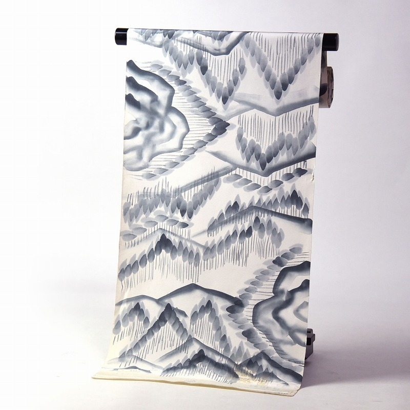 ほりだし堂】 小紋 手描き 墨絵 風景文様 白色 正絹 反物 着物 着尺  