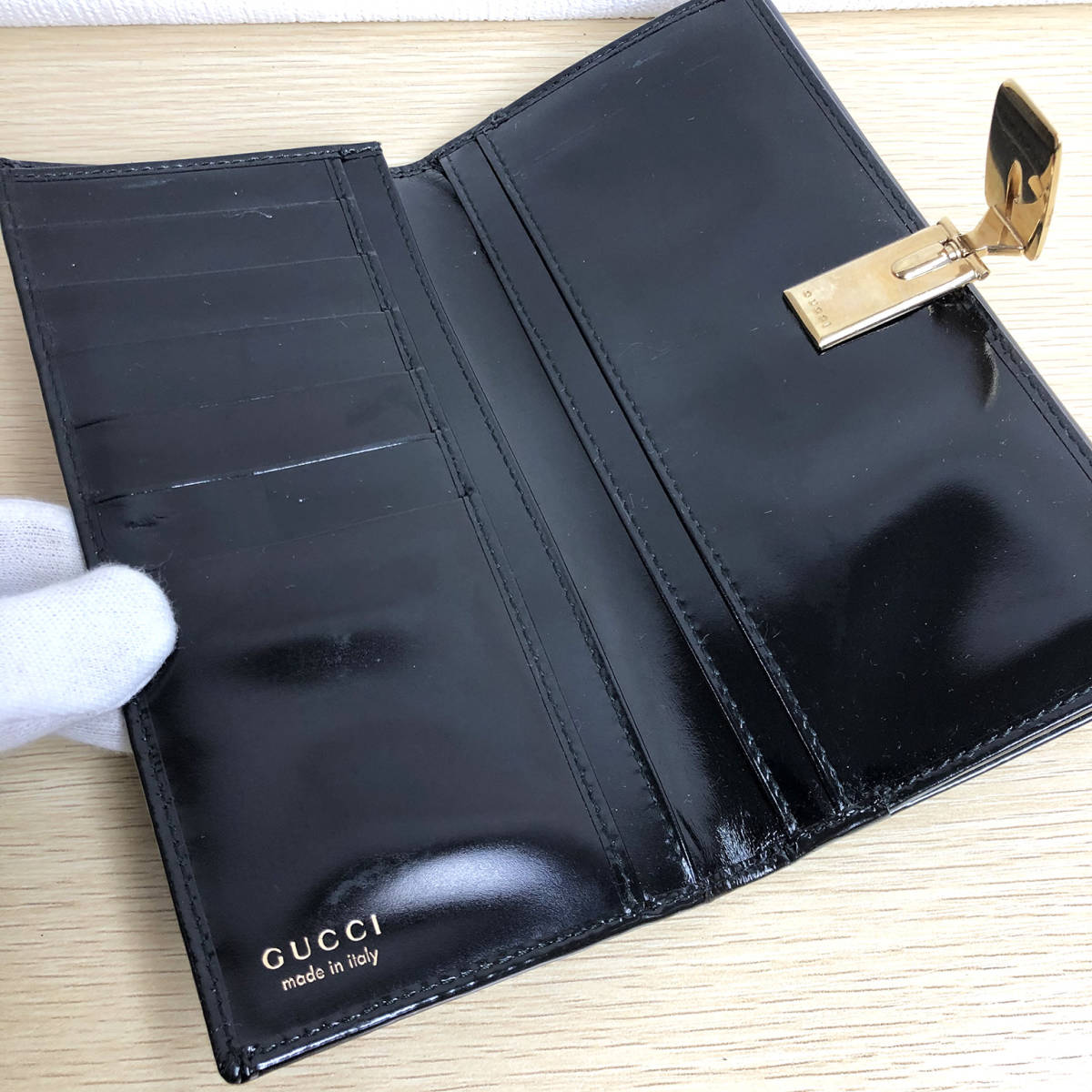 GUCCI グッチ エナメル 二つ折り 長財布 ブラック 黒 ゴールド金具 035 