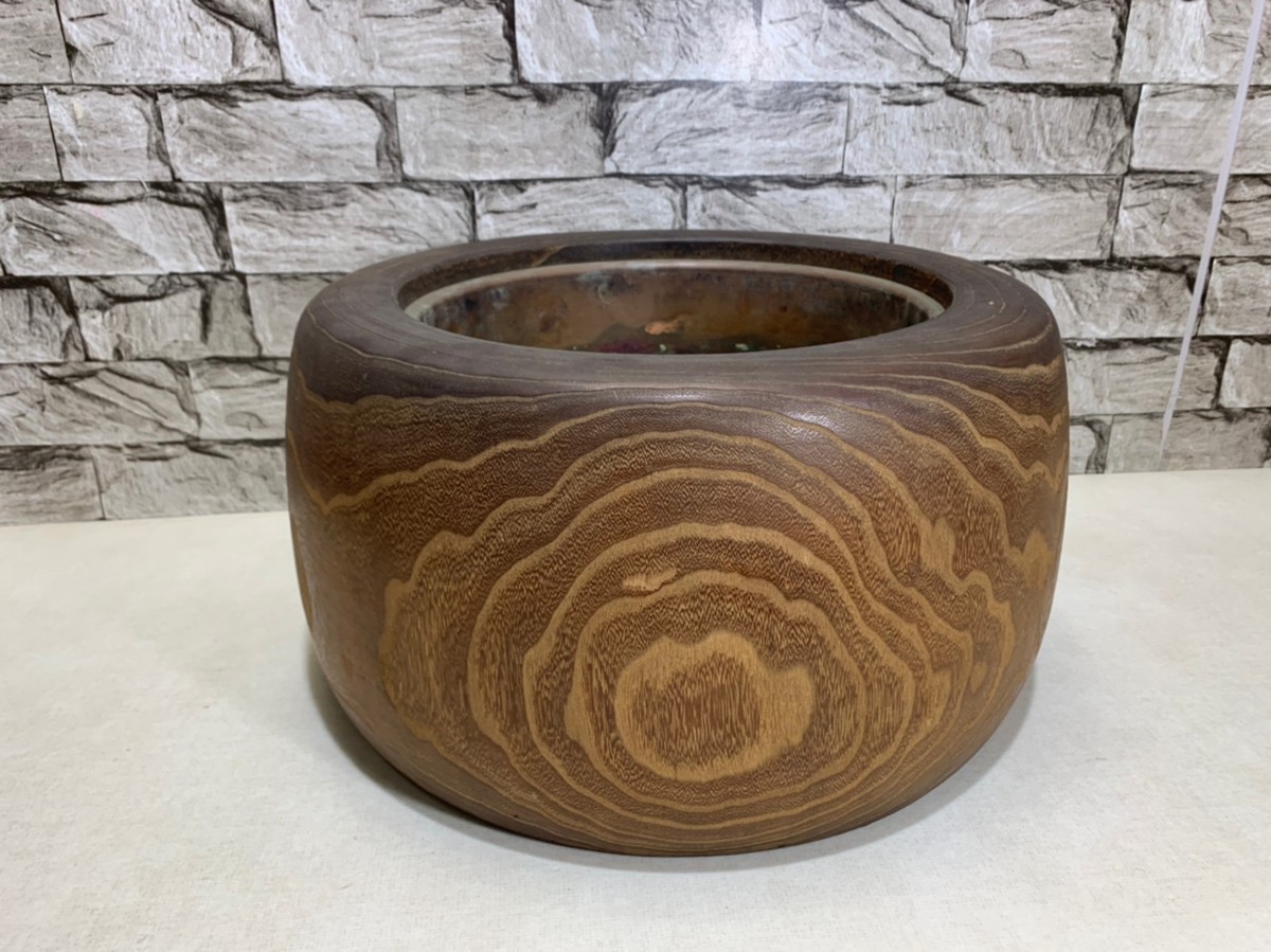 D1367 切り株 火鉢 くり抜き火鉢 火箸付き 品 木製 天然木 銅板炉 五徳 1円