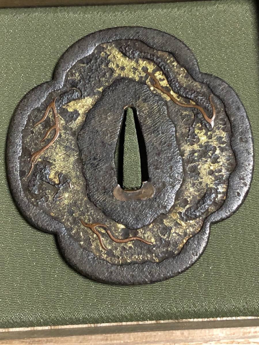 名品!旧家蔵出し品】肥前鍔/長崎鍔【龍の図/色絵象嵌】江戸時代鉄鍔/最 