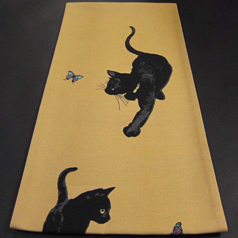 新品未仕立 西陣織高級袋帯 蝶々を追いかける黒猫（くろねこ）(未 