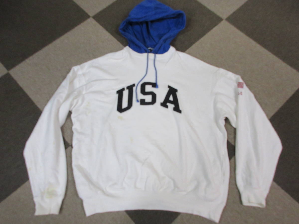 90s POLO SPORT 後付け パーカ XL~ 白x青 USA 星条旗 ビンテージ