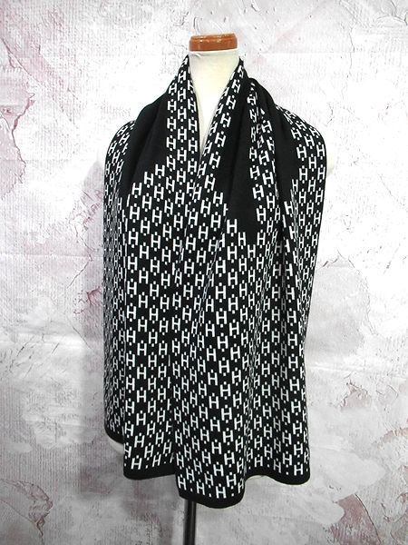 【美品】◆HERMES エルメス◆マフラー Hロゴ 144cm リバーシブル メンズ ブラック×ホワイト 箱付き