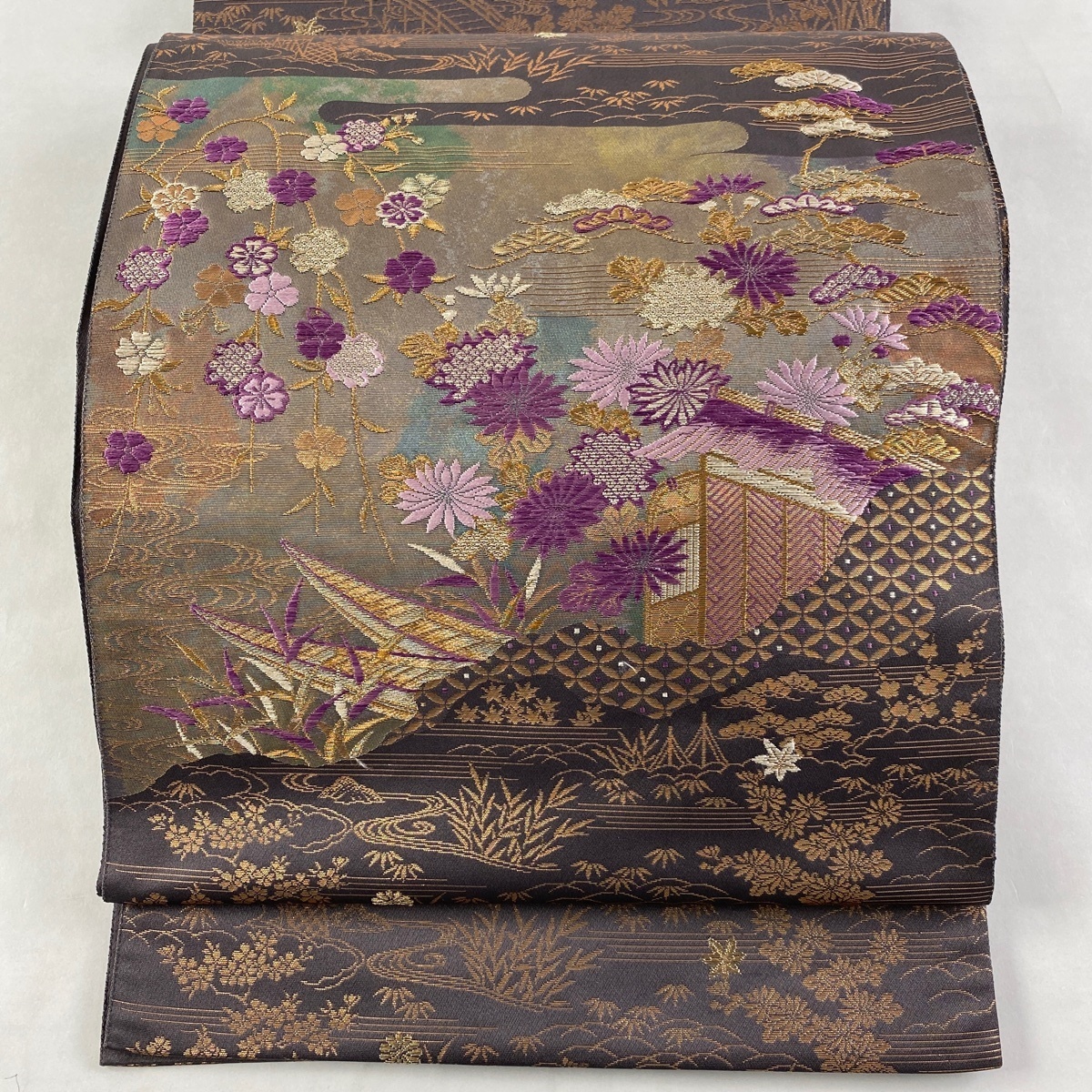 袋帯 美品 帝王紫 お太鼓柄 落款あり 箔 金糸 金銀糸 金色 松竹梅 秀