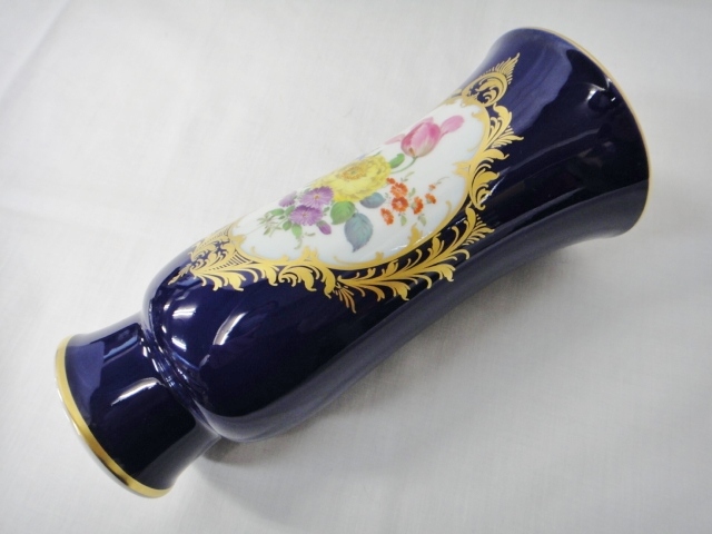 アンティーク マイセン MEISSEN 花瓶 手描き 花柄 金彩 コバルトブルー