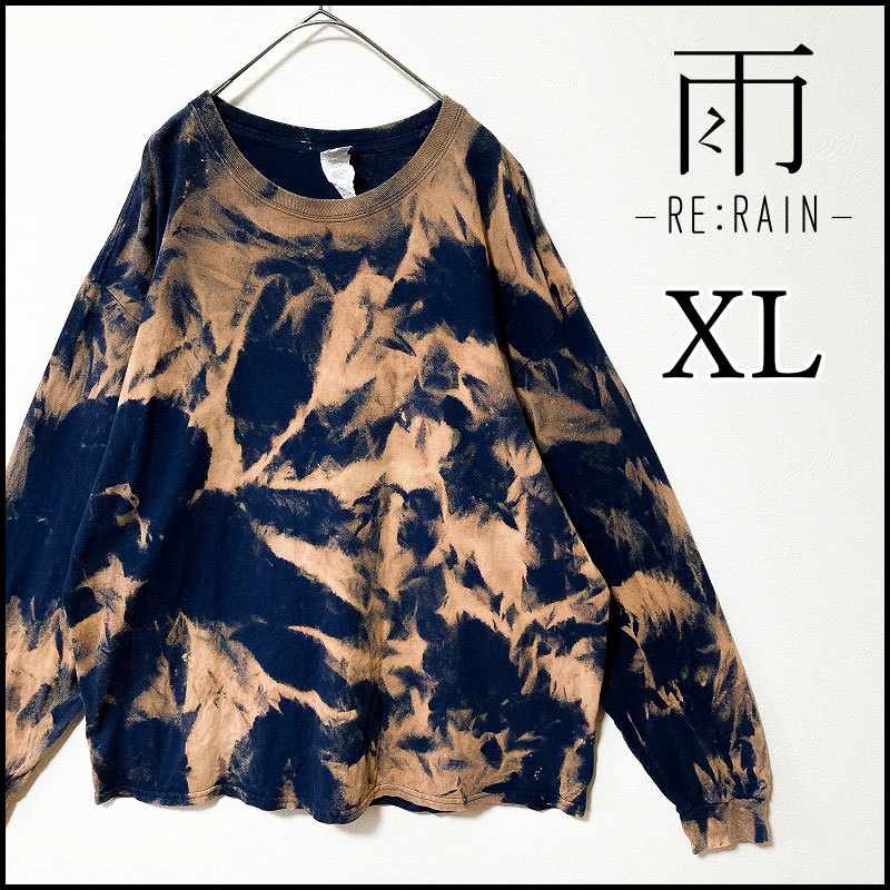 メンズ服タイダイ柄ブリーチ長袖TシャツXL 古着屋　ストリート系　紺　ネイビー　ベージュ　丸首　LL　2L　USED　ストリート系　エスニック