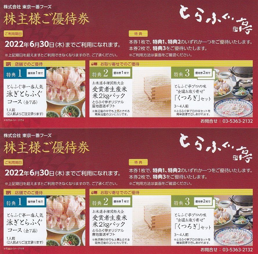 東京一番フーズ 株主優待券 2枚セット とらふぐ亭 泳ぎとらふぐコース